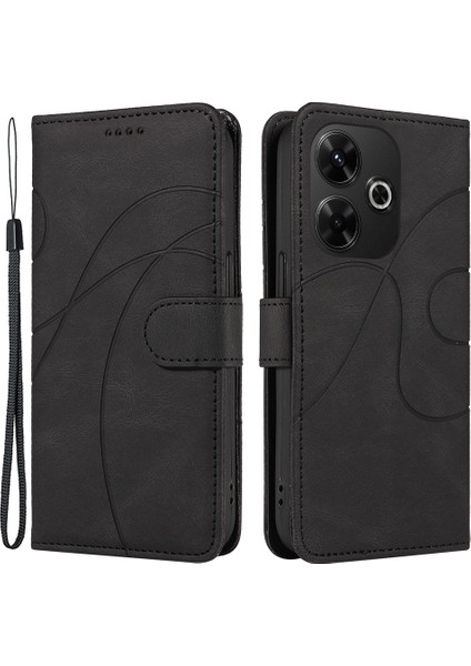 Xiaomi Redmi 13 5g/13 4g Kılıf Deri Folyo Çevirmeli Telefon Kapağı Kavisli Çizgi Baskılı-Siyah (Yurt Dışından)