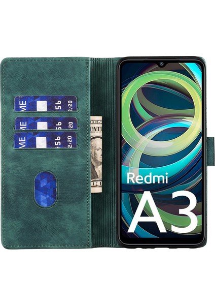 Xiaomi Redmi A3 Kılıf Kapak Standı Deri Telefon Kapağı Kedi Aşk Kalp Baskılı-Yeşil (Yurt Dışından)