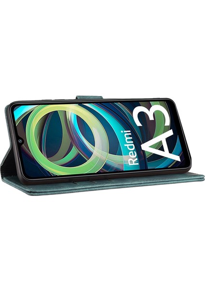 Xiaomi Redmi A3 Kılıf Kapak Standı Deri Telefon Kapağı Kedi Aşk Kalp Baskılı-Yeşil (Yurt Dışından)