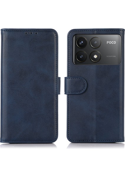 Xiaomi Poco F6 Pro 5g Kılıf Sığır Derisi Doku Cüzdan Deri Telefon Kapağı-Mavi (Yurt Dışından)
