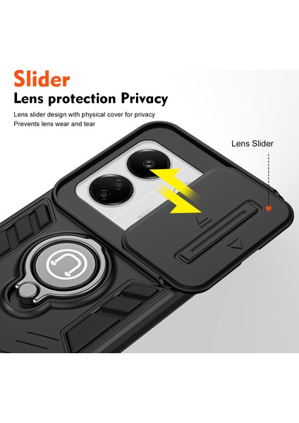 Xiaomiredmi 13C 4G/13C 5g Kılıf Slayt Lens Kapağı Anti-Düşme Telefon Kapağı Halkalı Kickstand-Siyah (Yurt Dışından) modelleri