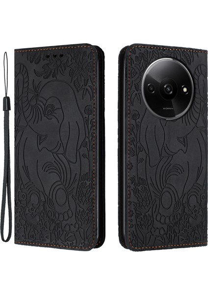 Xiaomi Redmi A3 Kılıf Fil Desenli Deri Telefon Kılıfı Manyetik Emme-Siyah (Yurt Dışından)