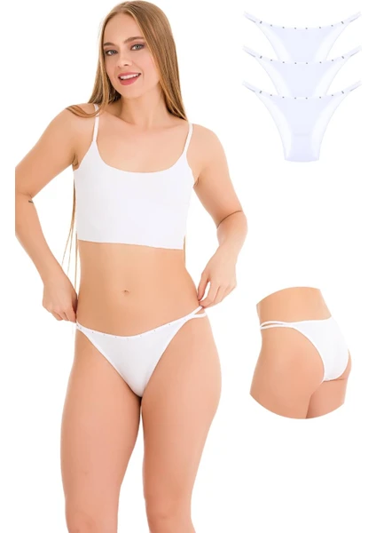 1025 Çift İp-Taş Detaylı Bikini Külot Paketi 1025-V3