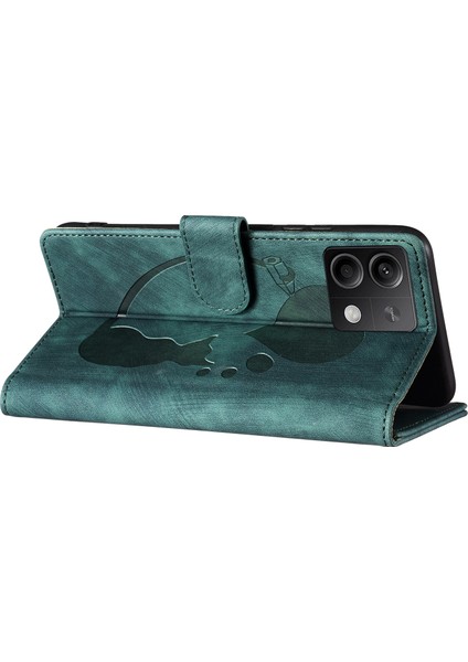 Xiaomi Redmi Için Not 13 5g Kılıf Kart Yuvaları ile Aşk Kalp Kedi Baskılı Deri Telefon Kapağı Standı-Yeşil (Yurt Dışından)