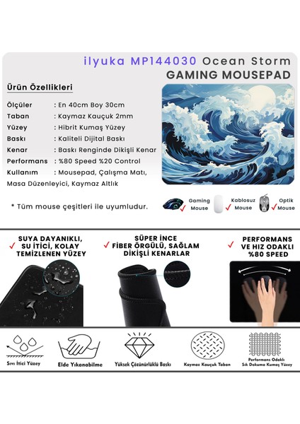 40X30CM Gaming Oyuncu Mousepad Kaymaz Kauçuk Taban Dikişli Kenar Ocean Storm MP144030