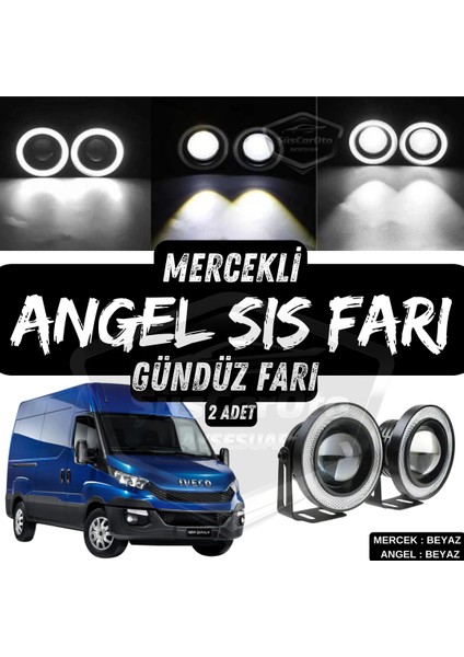 Iveco Daily Uyumlu Üniversal Mercekli Angel Sis Farı Metal Su Geçirmez 76 mm Beyaz Halkalı Gündüz Farı Angel Eyes 2 Adet