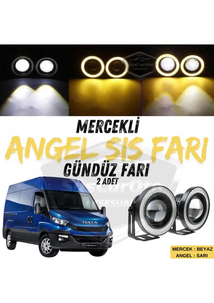 ŞüsCarOto Aksesuar Iveco Daily Uyumlu Üniversal Mercekli Angel Sis Farı Metal Su Geçirmez 76 mm Sarı Halkalı Gündüz Farı Angel Eyes 2 Adet