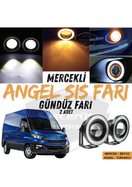 Iveco Daily Uyumlu Üniversal Mercekli Angel Sis Farı Metal Su Geçirmez 76 mm Turuncu Halkalı Gündüz Farı Angel Eyes 2 Adet