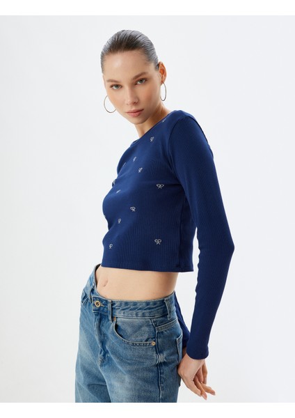 Crop T-Shirt Fiyonk Desenli Uzun Kollu Kaşkorse Slim Fit