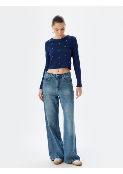 Crop T-Shirt Fiyonk Desenli Uzun Kollu Kaşkorse Slim Fit fiyatları