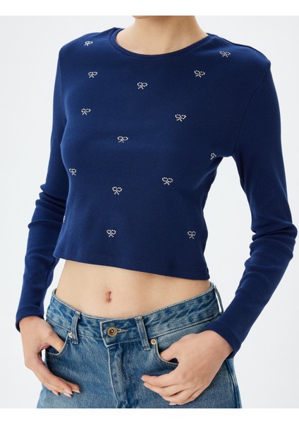 Crop T-Shirt Fiyonk Desenli Uzun Kollu Kaşkorse Slim Fit indirimleri