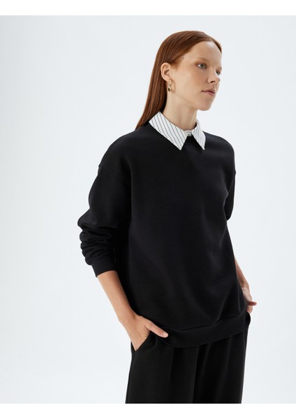 Basic Sweatshirt Üç Iplik Şardonlu Bisiklet Yaka Uzun Kollu