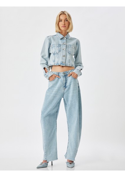 Balon Kot Pantolon Kesik Paça Yüksek Bel Crop Boy Düğmeli Pamuklu - Balon Fit Jean