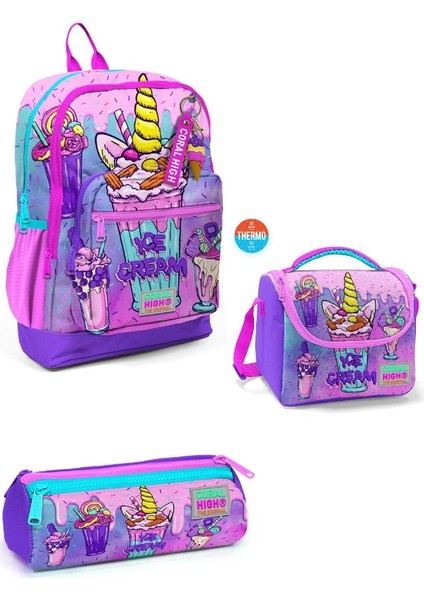 Pembe Mor Milkshake Dondurma Desenli 3’lü Okul Çanta Seti