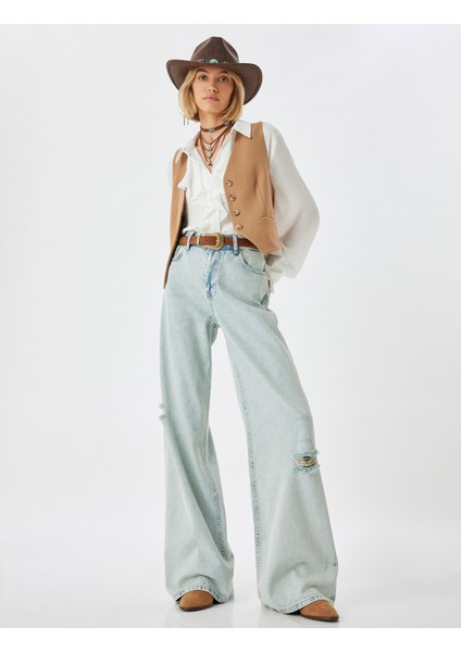 Yırtık Kot Pantolon Düşük Bel Düğmeli Bol Paça Pamuklu - Loose Straight Fit Jean