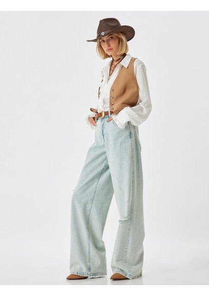 Yırtık Kot Pantolon Düşük Bel Düğmeli Bol Paça Pamuklu - Loose Straight Fit Jean fiyatları