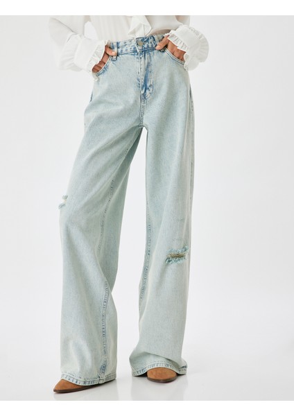 Yırtık Kot Pantolon Düşük Bel Düğmeli Bol Paça Pamuklu - Loose Straight Fit Jean modelleri