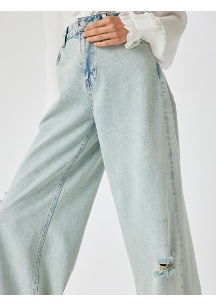 Yırtık Kot Pantolon Düşük Bel Düğmeli Bol Paça Pamuklu - Loose Straight Fit Jean indirimleri