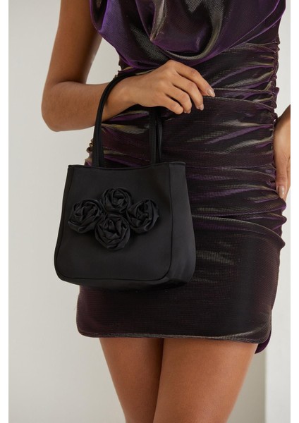Kadın Siyah Gül Tasarımlı Sate Kumaş El Çantası Clutch Portföy fırsatları
