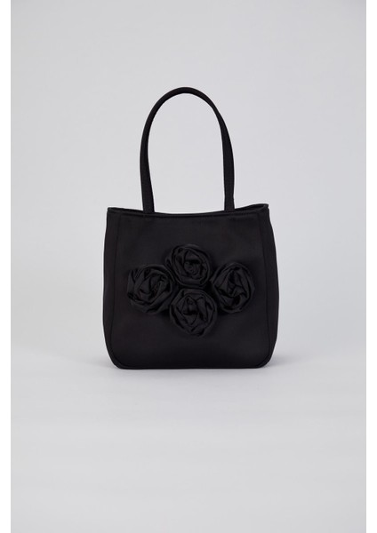 Kadın Siyah Gül Tasarımlı Sate Kumaş El Çantası Clutch Portföy indirimleri
