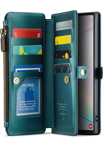 Samsung Galaxy Note 10 Plus 4g/5g Kılıf 10 Kart Yuvalı Deri Fermuarlı Telefon Kapağı-Yeşil (Yurt Dışından)