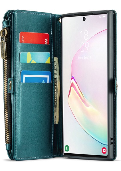 Samsung Galaxy Note 10 Plus 4g/5g Kılıf 10 Kart Yuvalı Deri Fermuarlı Telefon Kapağı-Yeşil (Yurt Dışından)