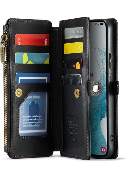Caseme Samsung Galaxy S22+5G Kılıf 10 Kart Yuvalı Fermuarlı Deri Telefon Çantası-Siyah (Yurt Dışından)