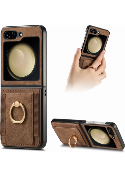 Samsung Galaxy Z Flip6 5g Kılıf Kart Yuvası Deri + Pc Retro Telefon Kapak Halkası Tutucu Kickstand-Kahverengi (Yurt Dışından)