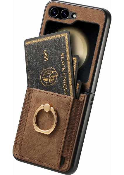 Samsung Galaxy Z Flip6 5g Kılıf Kart Yuvası Deri + Pc Retro Telefon Kapak Halkası Tutucu Kickstand-Kahverengi (Yurt Dışından)