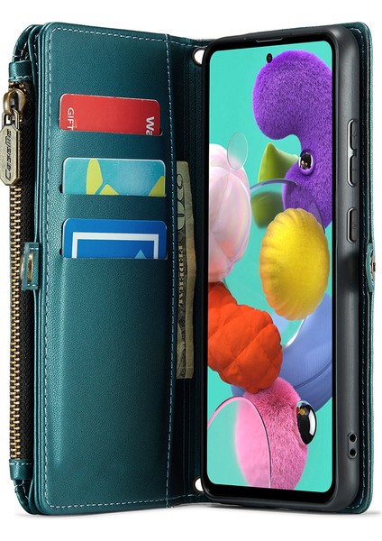 Caseme Samsung Galaxy A51 4g SM-A515 Deri Kılıf Fermuarlı Cüzdan Telefon Kapağı-Yeşil (Yurt Dışından)