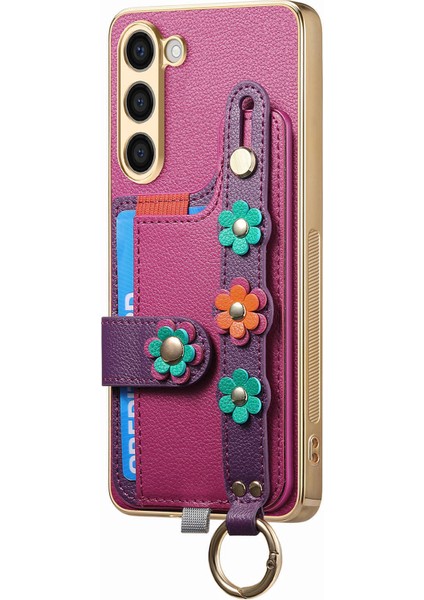 Samsung Galaxy 23+ Kılıf Deri Kaplamalı Tpu Telefon Kılıfı Düşmeyi Önleyici Bileklik 3D Çiçek Dedor-Mor (Yurt Dışından)