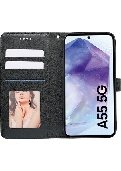 Samsung Galaxy A55 5g Kılıf Kübik Izgara Baskılı Pu Deri Cüzdan Telefon Kapağı-Siyah (Yurt Dışından)