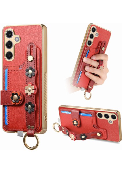 Samsung Galaxy S24+ Kılıf 3D Çiçek Deri+Tpu Kart Yuvalı Telefon Kılıfı Kickstand-Kırmızı (Yurt Dışından)