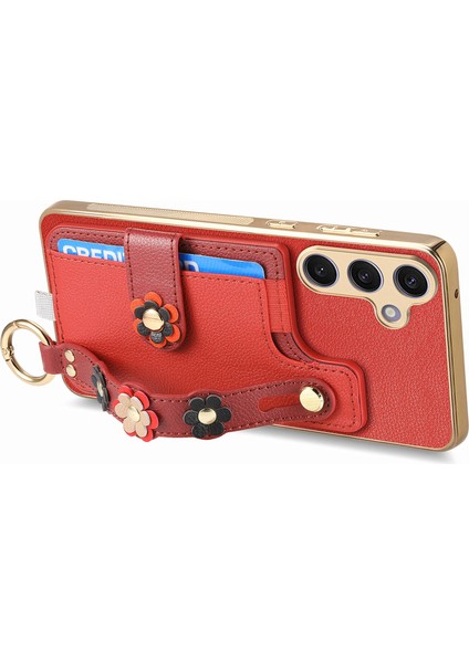 Samsung Galaxy S24+ Kılıf 3D Çiçek Deri+Tpu Kart Yuvalı Telefon Kılıfı Kickstand-Kırmızı (Yurt Dışından)