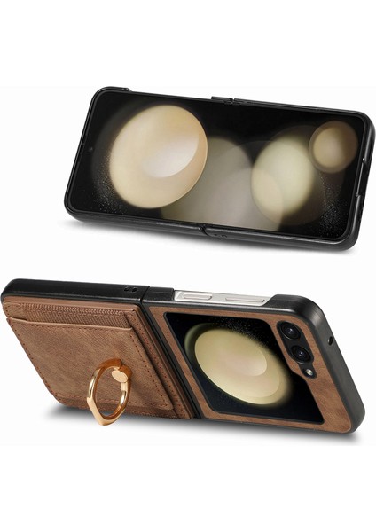 Samsung Galaxy Z Flip6 5g Kılıf Kart Yuvası Deri + Pc Retro Telefon Kapak Halkası Tutucu Kickstand-Kahverengi (Yurt Dışından)