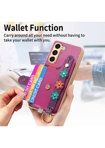 Samsung Galaxy 23+ Kılıf Deri Kaplamalı Tpu Telefon Kılıfı Düşmeyi Önleyici Bileklik 3D Çiçek Dedor-Mor (Yurt Dışından)