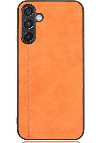 Samsung Galaxy M15 5g Kılıf Deri Kaplamalı Pc+Tpu Kapak Dikiş Hattı-Turuncu (Yurt Dışından)