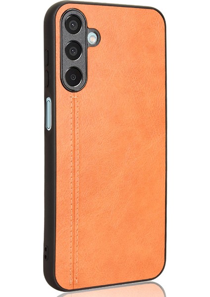 Samsung Galaxy M15 5g Kılıf Deri Kaplamalı Pc+Tpu Kapak Dikiş Hattı-Turuncu (Yurt Dışından)