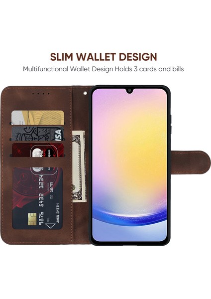 Samsung Galaxy A25 5g (Global) (161.0 x 76.5 x 8.3mm) Standlı Kılıf Çizgi Desenli Deri Telefon Kapağı-Kahverengi (Yurt Dışından)