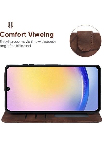 Samsung Galaxy A25 5g (Global) (161.0 x 76.5 x 8.3mm) Standlı Kılıf Çizgi Desenli Deri Telefon Kapağı-Kahverengi (Yurt Dışından)
