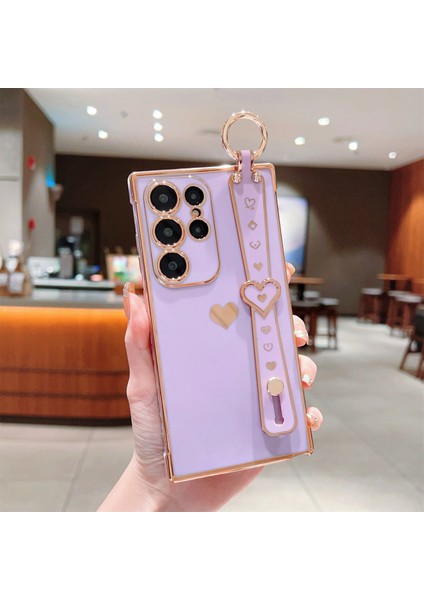 Samsung Galaxy S22 Ultra 5g Kılıf Aşk Kalp Desenli Tpu Telefon Kapak Bileklik Parmak Tutucu-Mor (Yurt Dışından)