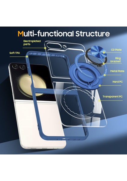 Samsung Galaxy Z Flip6 5g Manyetik Kılıf Tpu Çerçeve Şeffaf Pc Geri Kickstand Telefon Kapağı-Mavi (Yurt Dışından)