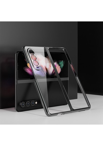 Samsung Galaxy Z Fold3 5g Kılıf Galvanik Metal Çerçeve + Temperli Cam Telefon Kapağı-Siyah (Yurt Dışından)