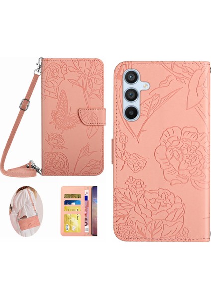 Samsung Galaxy M35 5g Kılıf Pu Deri Çiçek Crossbody Telefon Çantası-Pembe (Yurt Dışından)