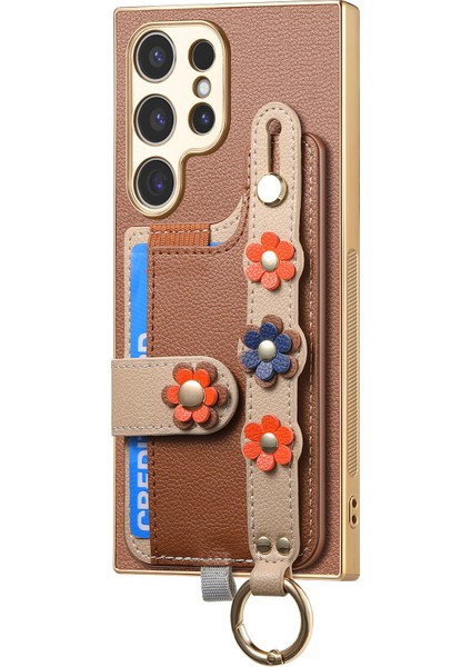 Samsung Galaxy S24 Ultra Kılıf 3D Çiçek Elektro Kaplama Deri Tpu Telefon Kapağı-Kahverengi (Yurt Dışından)