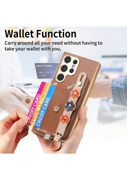 Samsung Galaxy S24 Ultra Kılıf 3D Çiçek Elektro Kaplama Deri Tpu Telefon Kapağı-Kahverengi (Yurt Dışından)
