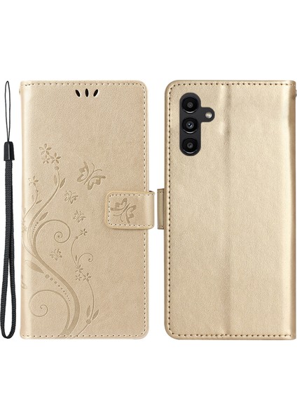 Samsung Galaxy M55 5g Kılıf Cüzdan Çiçek Pu Deri Telefon Kapağı-Altın (Yurt Dışından)