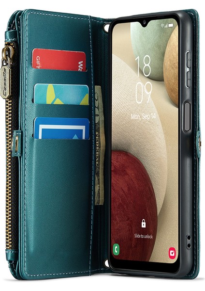 Caseme Samsung Galaxy A12 Kılıf Deri Çanta Telefon Kapağı Manyetik Kapatma Fermuar Cep-Yeşil (Yurt Dışından)