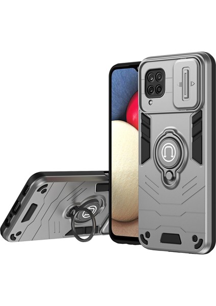 Samsung Galaxy A12 Kılıf Slide Camshield Kickstand Pc+Tpu Telefon Kapağı-Gri (Yurt Dışından)