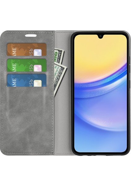 Samsung Galaxy M15 5g Kılıf Skin Feel Çizilmez Deri Cüzdan Telefon Kapağı-Gri (Yurt Dışından)